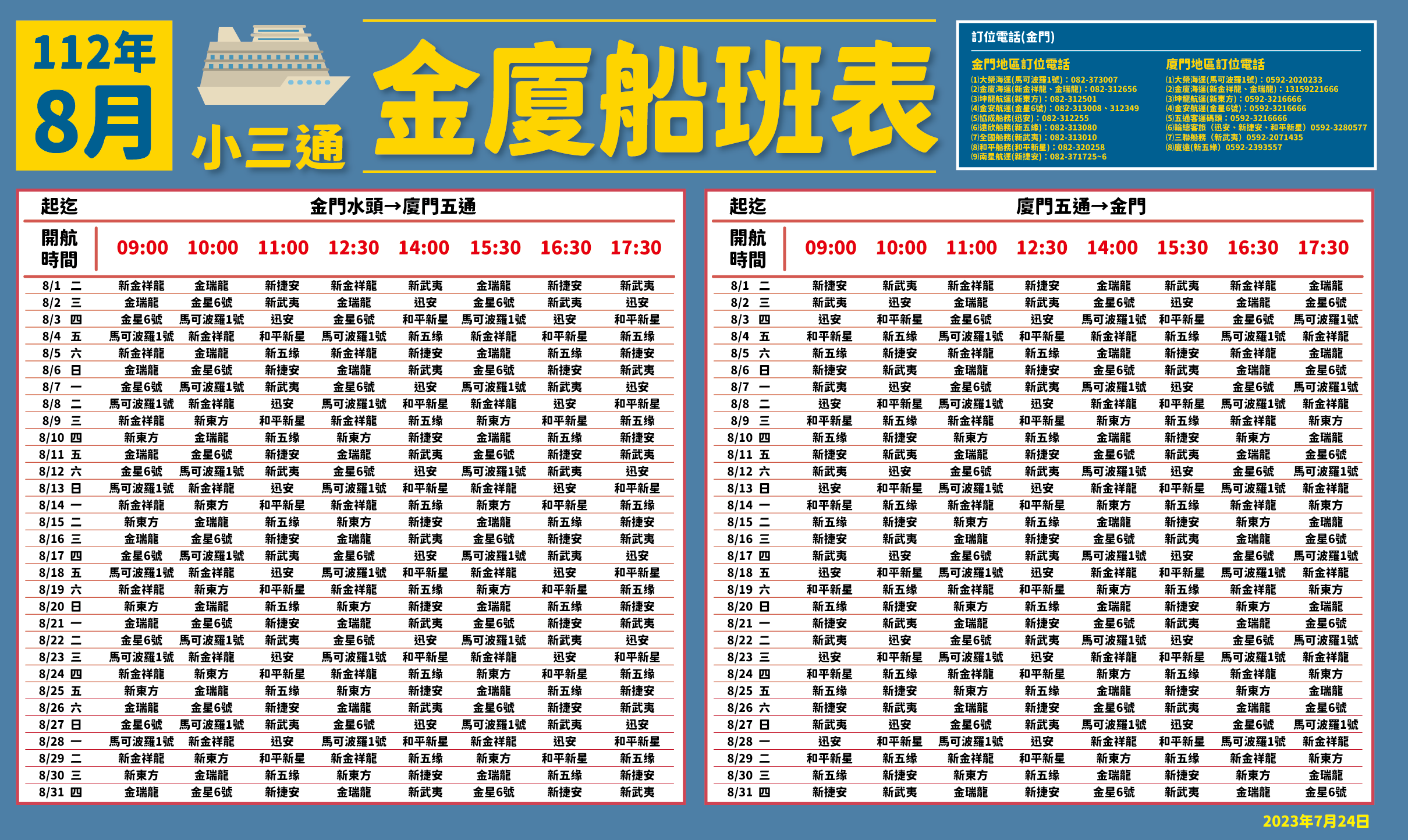 金廈小三通航班自8月起往返增加為16班次