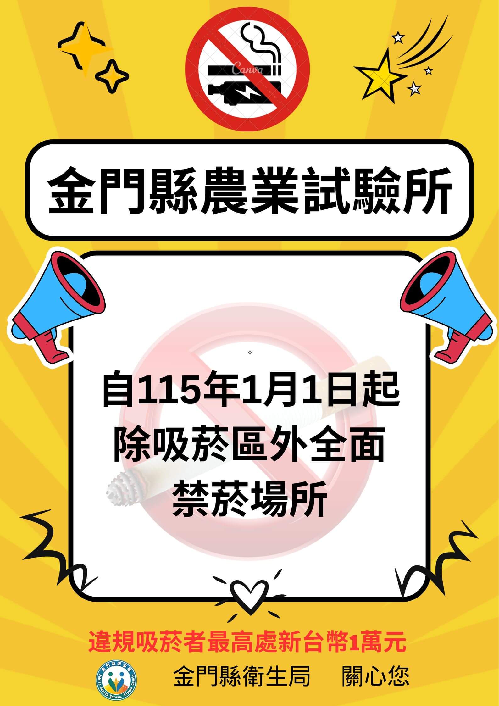 自115年1月1日起 金門縣農業試驗所除2處吸菸區外為全面禁菸場所 自115年1月1日起 金門縣農業試驗所除2處吸菸區外為全面禁菸場所