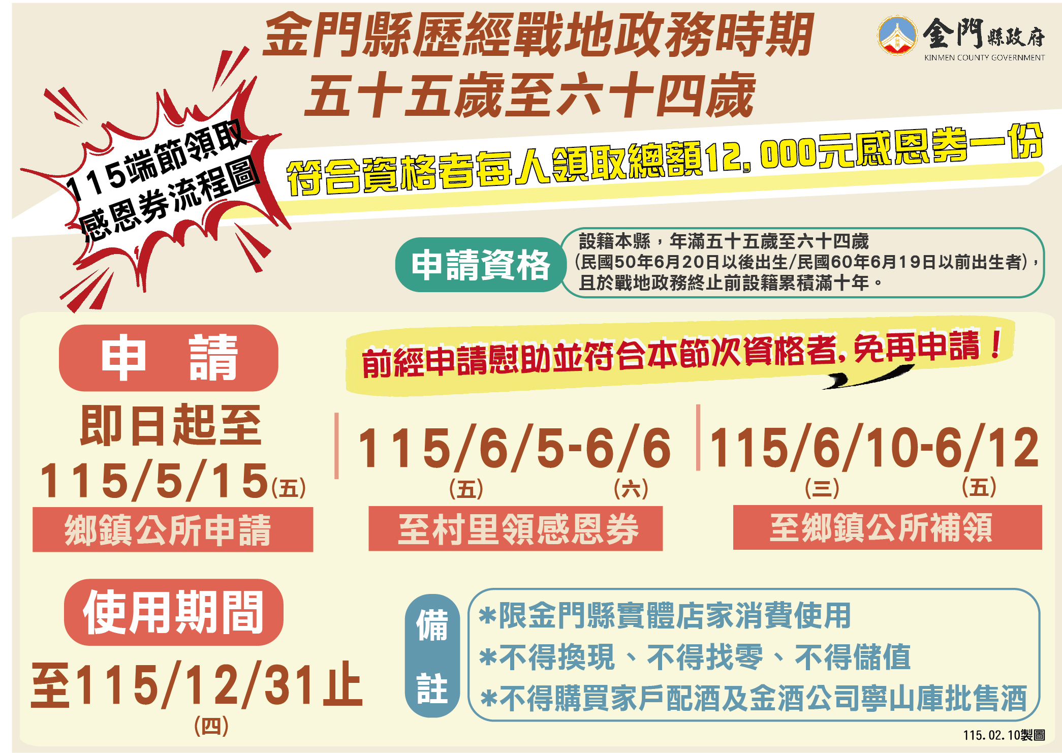 歷經戰地政務時期五十五歲至六十四歲115年端節慰助即日起受理申請! 歷經戰地政務時期五十五歲至六十四歲115年端節慰助即日起受理申請!