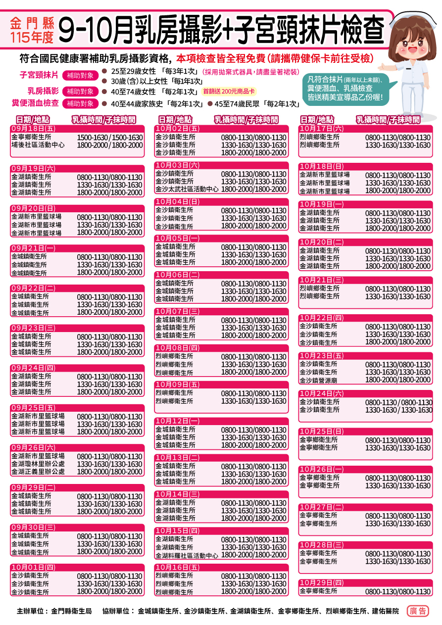 金門縣115年第二梯次乳房攝影、子宮頸抹片巡迴篩檢9月18日起登場 金門縣115年第二梯次乳房攝影、子宮頸抹片巡迴篩檢9月18日起登場