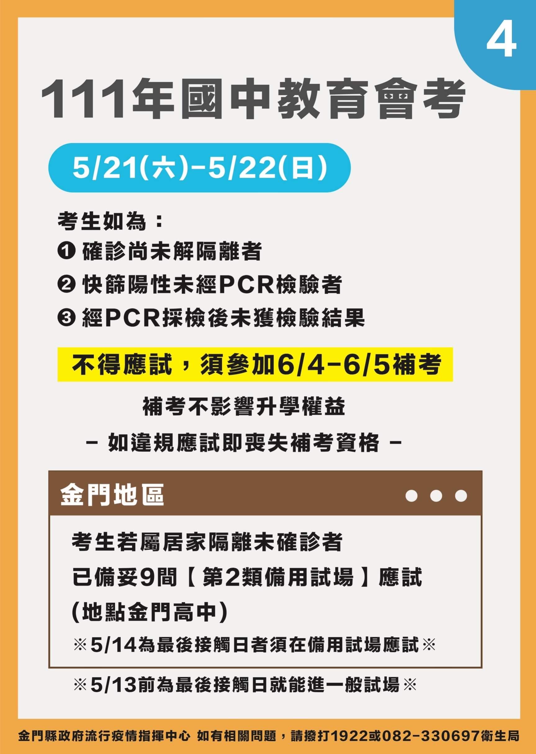 金門5/17新增164例確診 國三會考確診考生6/4、6/5補考 國中會考考場規定