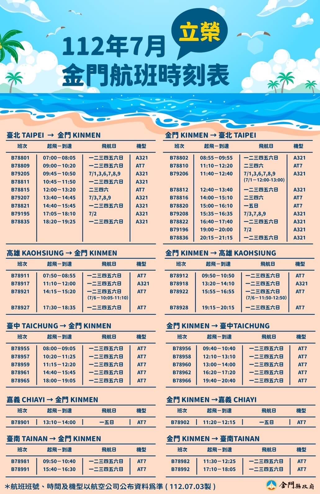 臺金航線運能增加  金門暑假旺季7月班機出爐