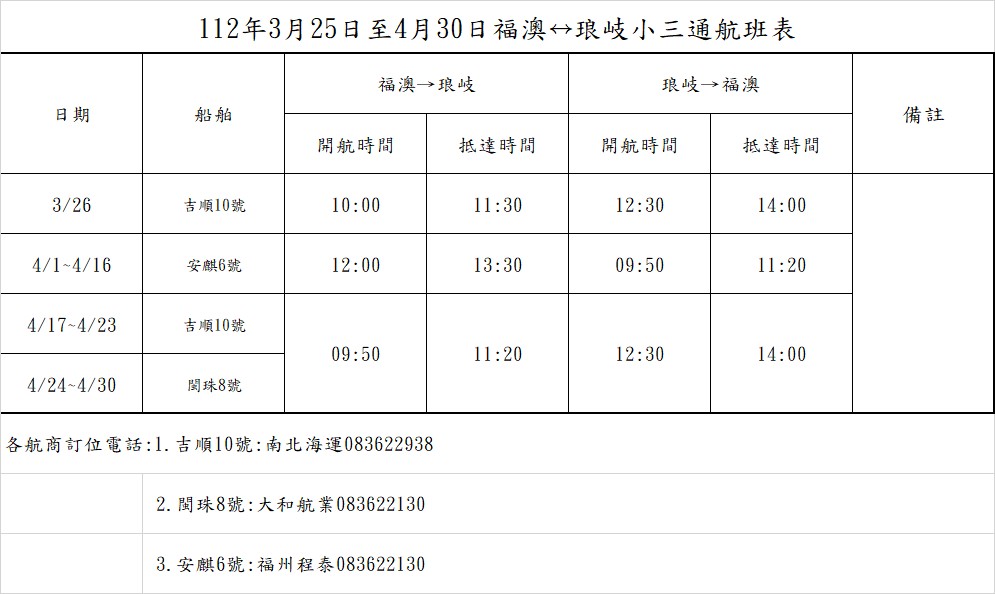 3月25日起小三通開放客運中轉，航港局公布航班表