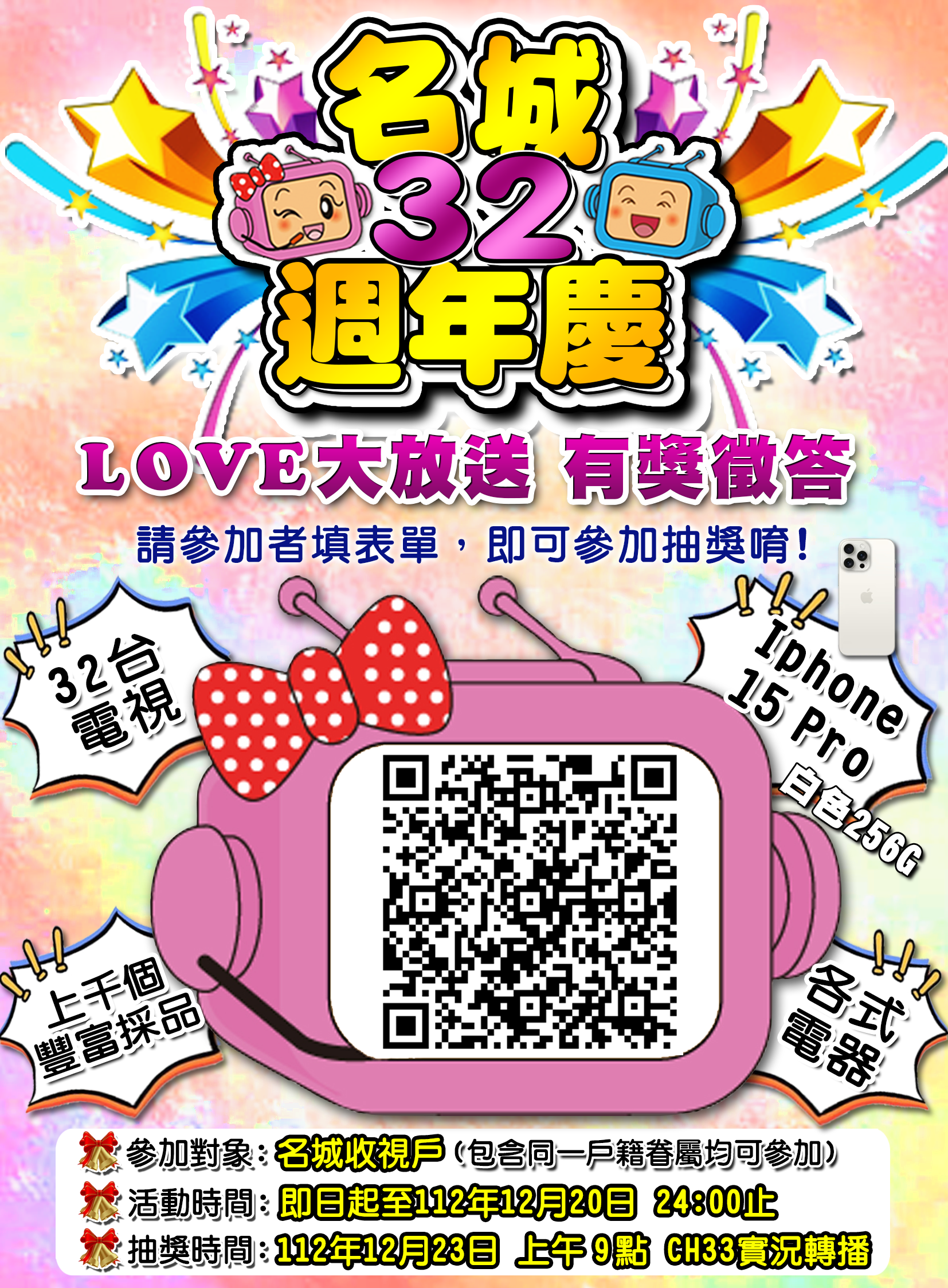 名城Love周年慶有iPhone pro15、32台電視等金好運抽抽抽!